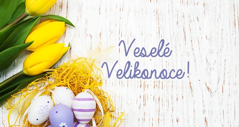 Fialovo-bílé velikonoční vajíčko umístěné v žlutém hnízdečku z dekorativní rafie, vedle žluté tulipány na světlém pozadí. Ve středu fotografie je nápis Veselé velikonoce!..jpg
